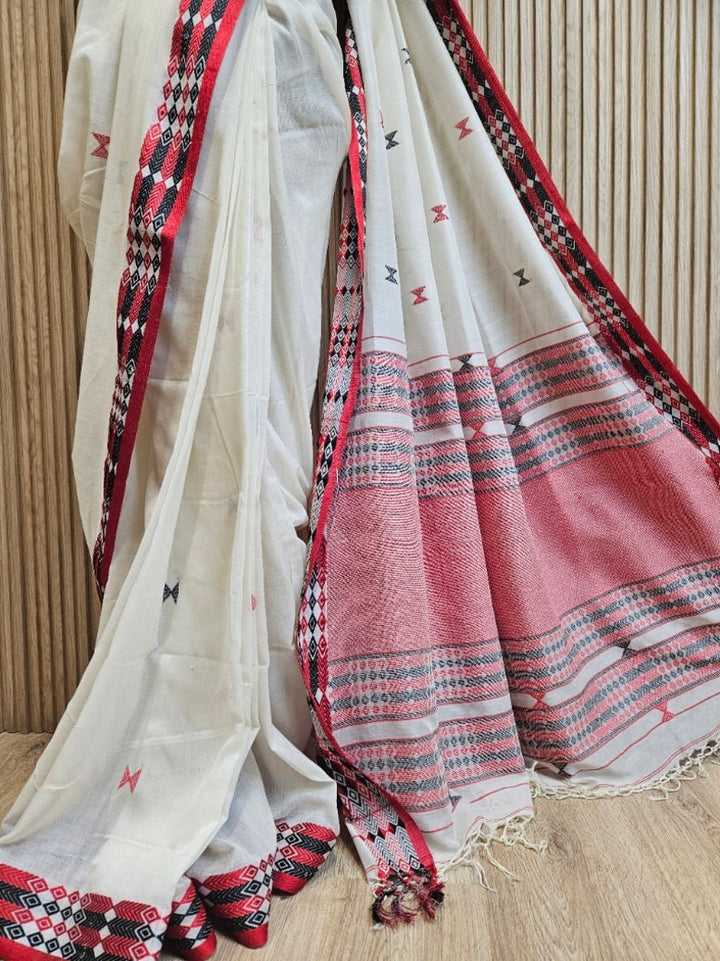 Bold & Beautiful: White & Red Handloom Cotton Saree by Balaram Saha Balaram Saha
