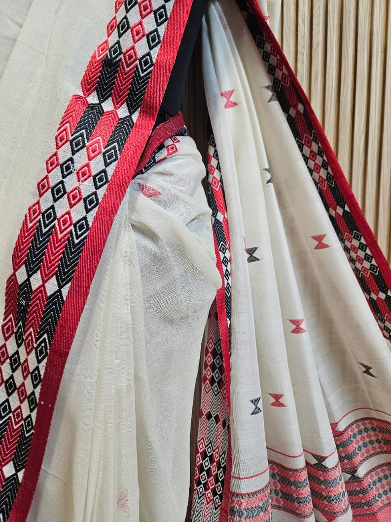 Bold & Beautiful: White & Red Handloom Cotton Saree by Balaram Saha Balaram Saha