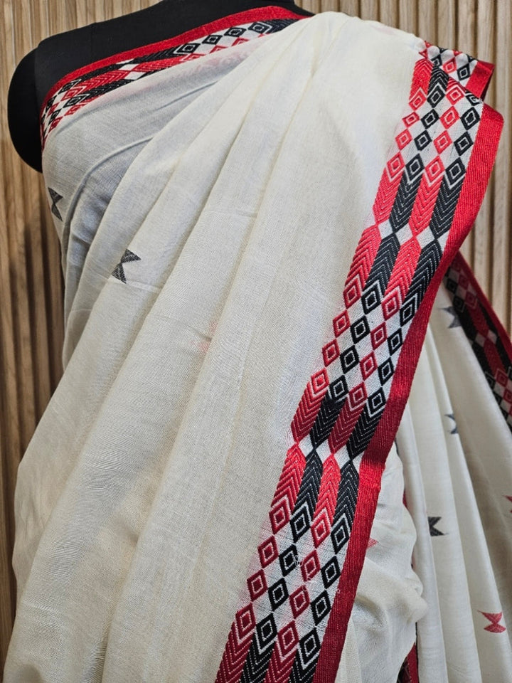 Bold & Beautiful: White & Red Handloom Cotton Saree by Balaram Saha Balaram Saha