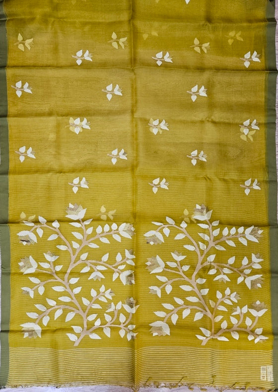 Mustard Green Handwoven Pure Muslin Silk Jamdani Saree Balaram Saha