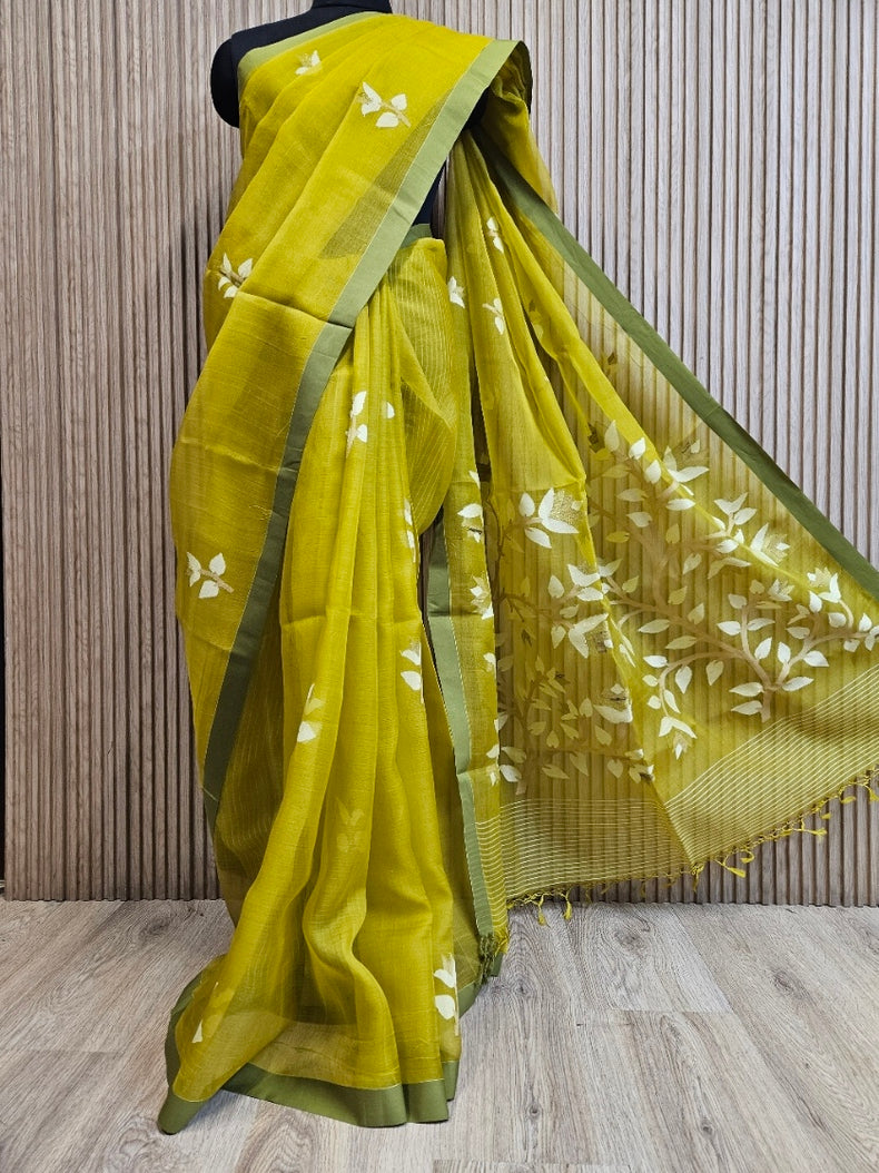 Mustard Green Handwoven Pure Muslin Silk Jamdani Saree Balaram Saha