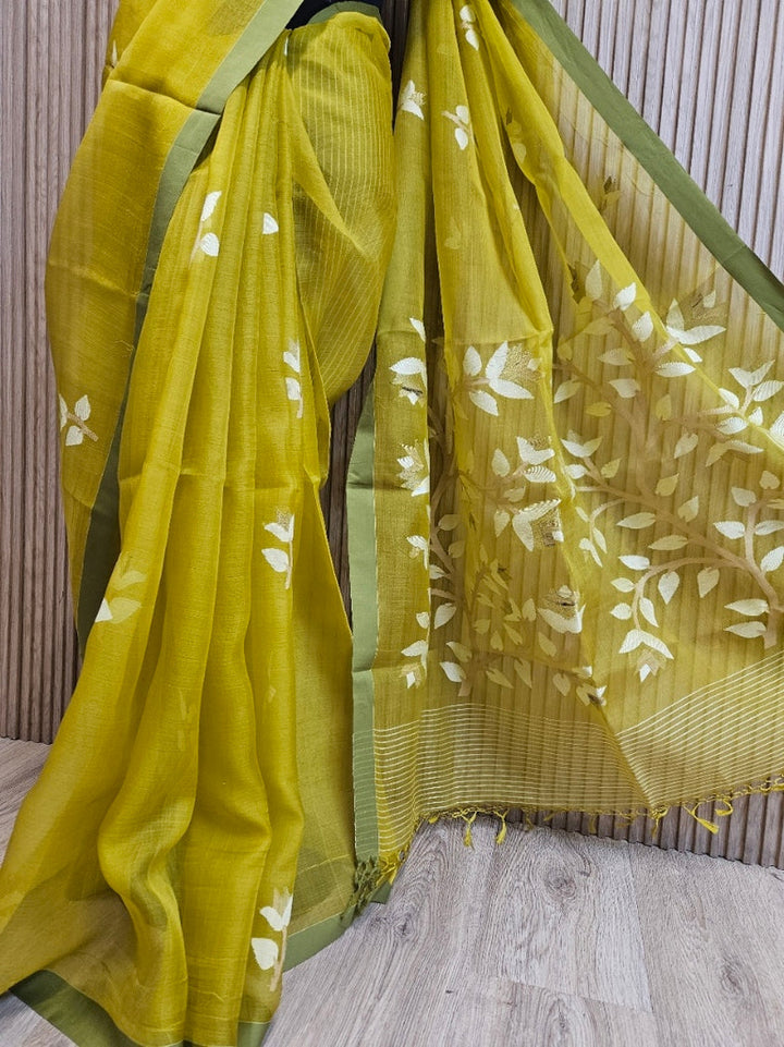 Mustard Green Handwoven Pure Muslin Silk Jamdani Saree Balaram Saha