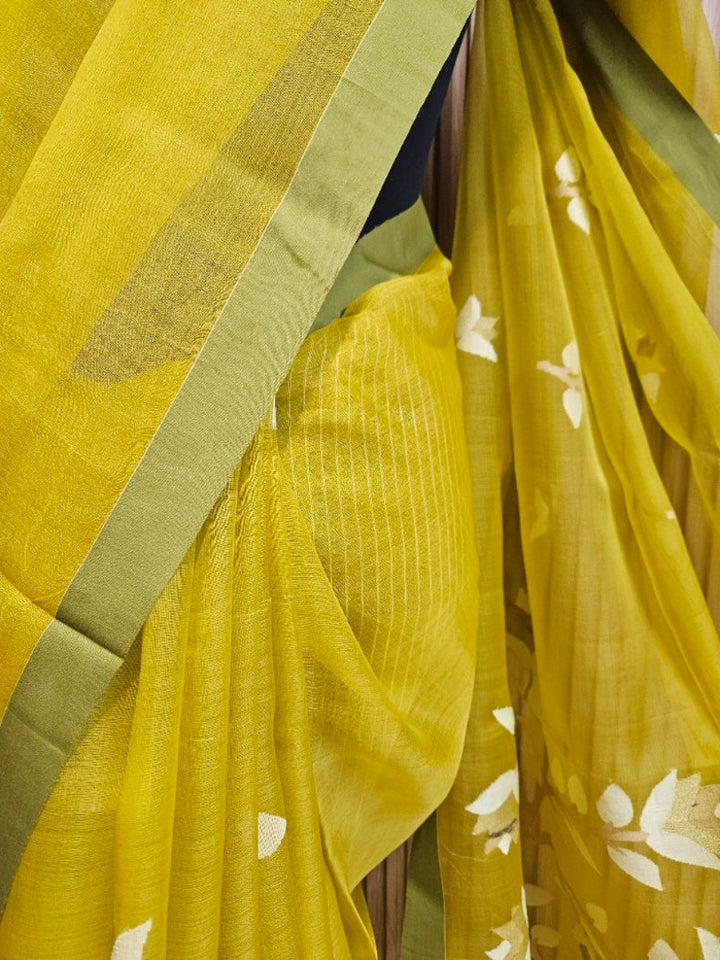 Mustard Green Handwoven Pure Muslin Silk Jamdani Saree Balaram Saha