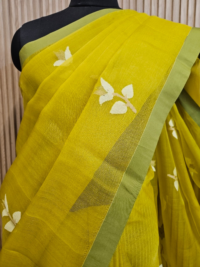 Mustard Green Handwoven Pure Muslin Silk Jamdani Saree Balaram Saha