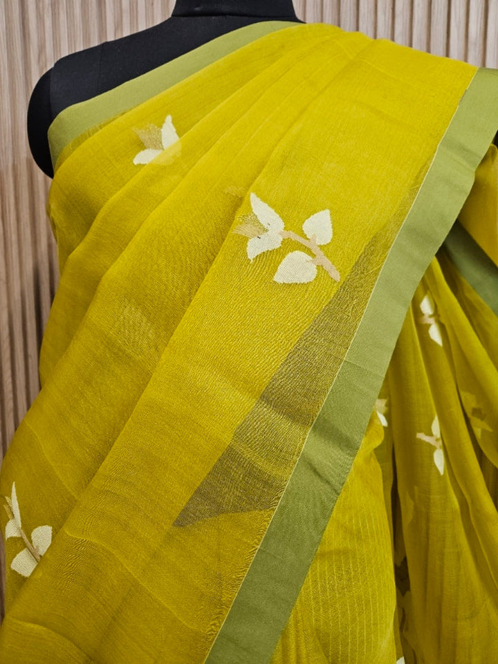 Mustard Green Handwoven Pure Muslin Silk Jamdani Saree Balaram Saha