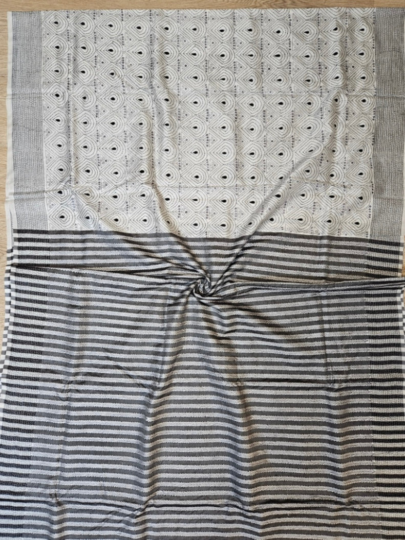 Purple & WhiteHandstitched Kantha Silk Saree with Intricate Nakshi by Balaram Saha Balaram Saha