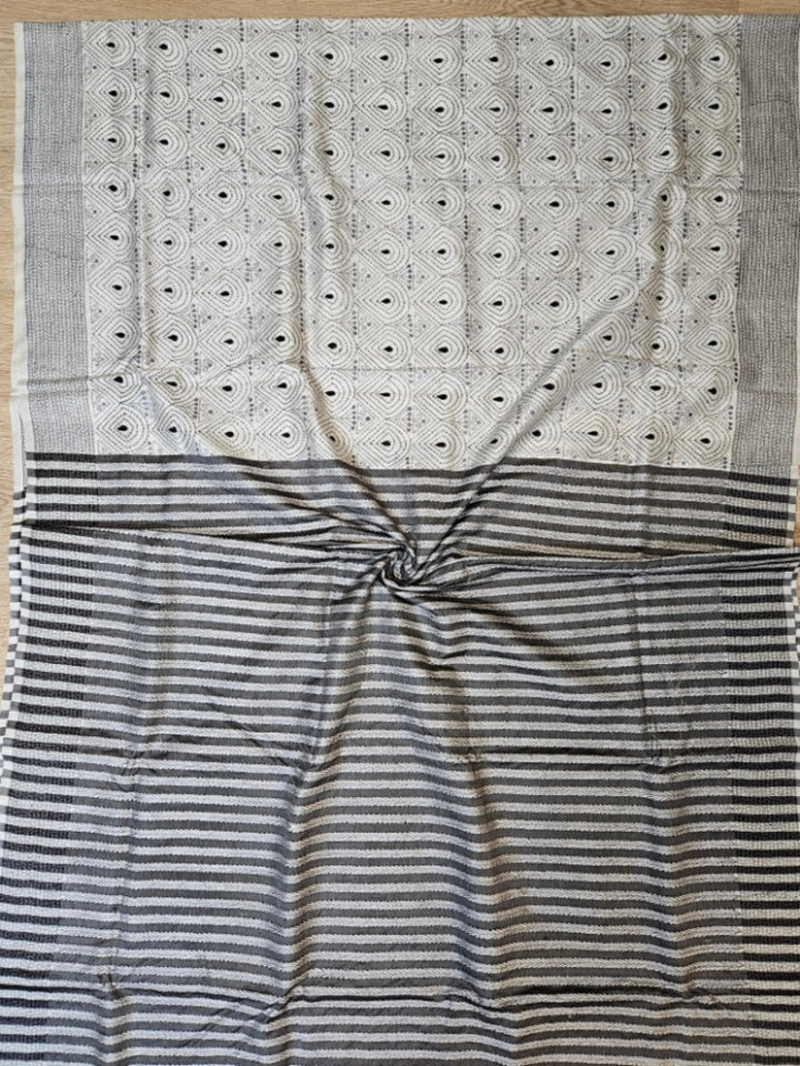 Purple & WhiteHandstitched Kantha Silk Saree with Intricate Nakshi by Balaram Saha Balaram Saha