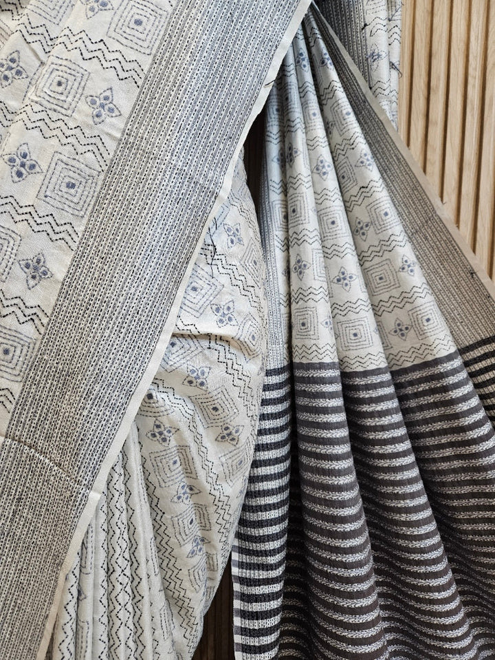 White Discover the Timeless Elegance of This Exquisite Kantha Silk Saree Balaram Saha