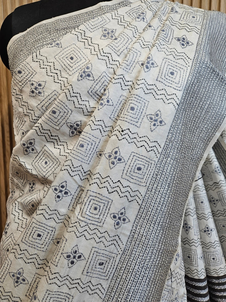 White Discover the Timeless Elegance of This Exquisite Kantha Silk Saree Balaram Saha