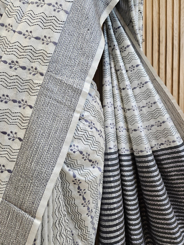 Off-White Bishnupuri Katan Silk Kantha Saree – Timeless Handcrafted Elegance Balaram Saha