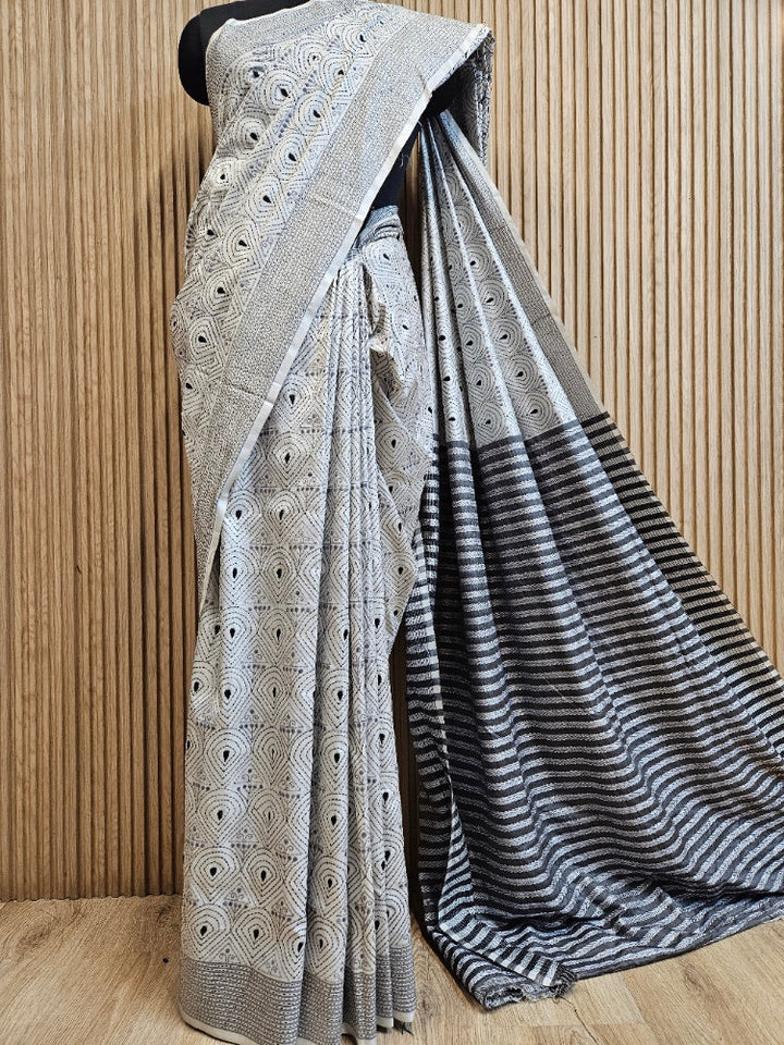 Purple & WhiteHandstitched Kantha Silk Saree with Intricate Nakshi by Balaram Saha Balaram Saha