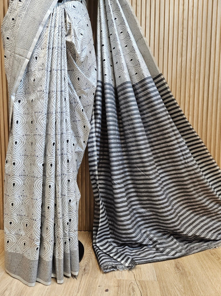 Purple & WhiteHandstitched Kantha Silk Saree with Intricate Nakshi by Balaram Saha Balaram Saha