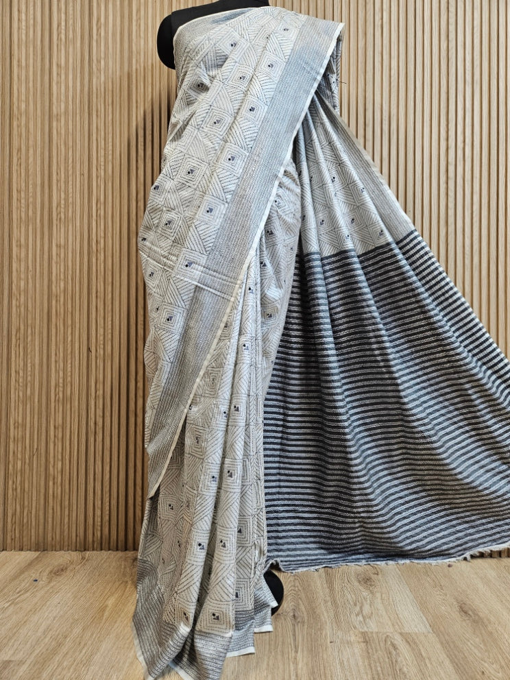 White Bishnupuri Katan Silk Kantha Saree – Timeless Elegance in Every Stitch Balaram Saha