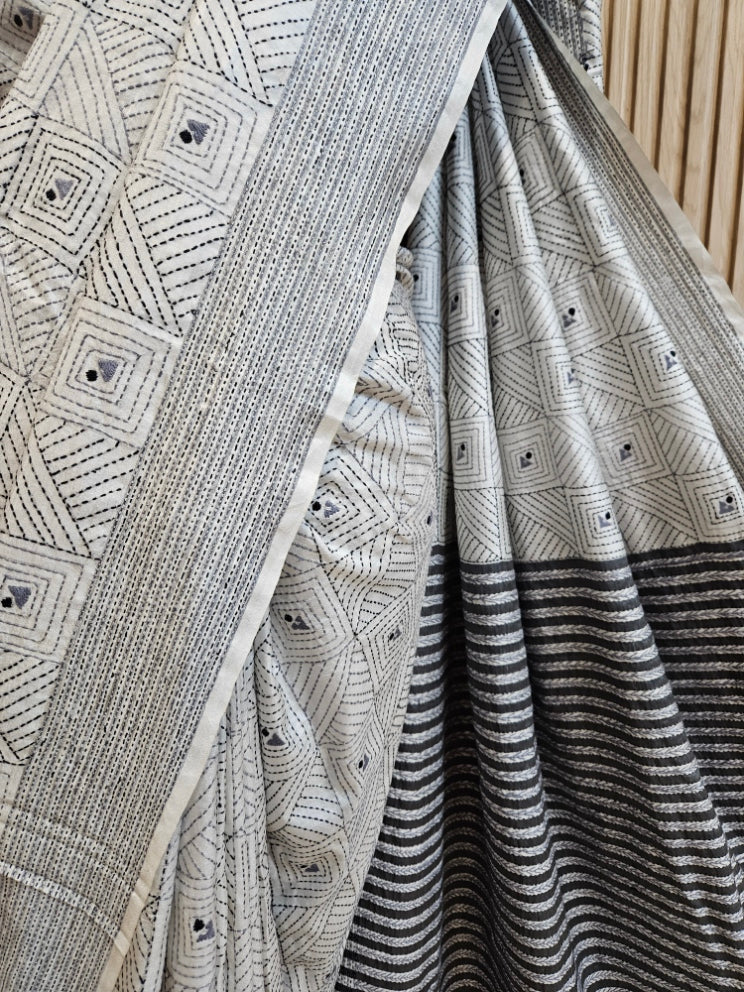 White Bishnupuri Katan Silk Kantha Saree – Timeless Elegance in Every Stitch Balaram Saha