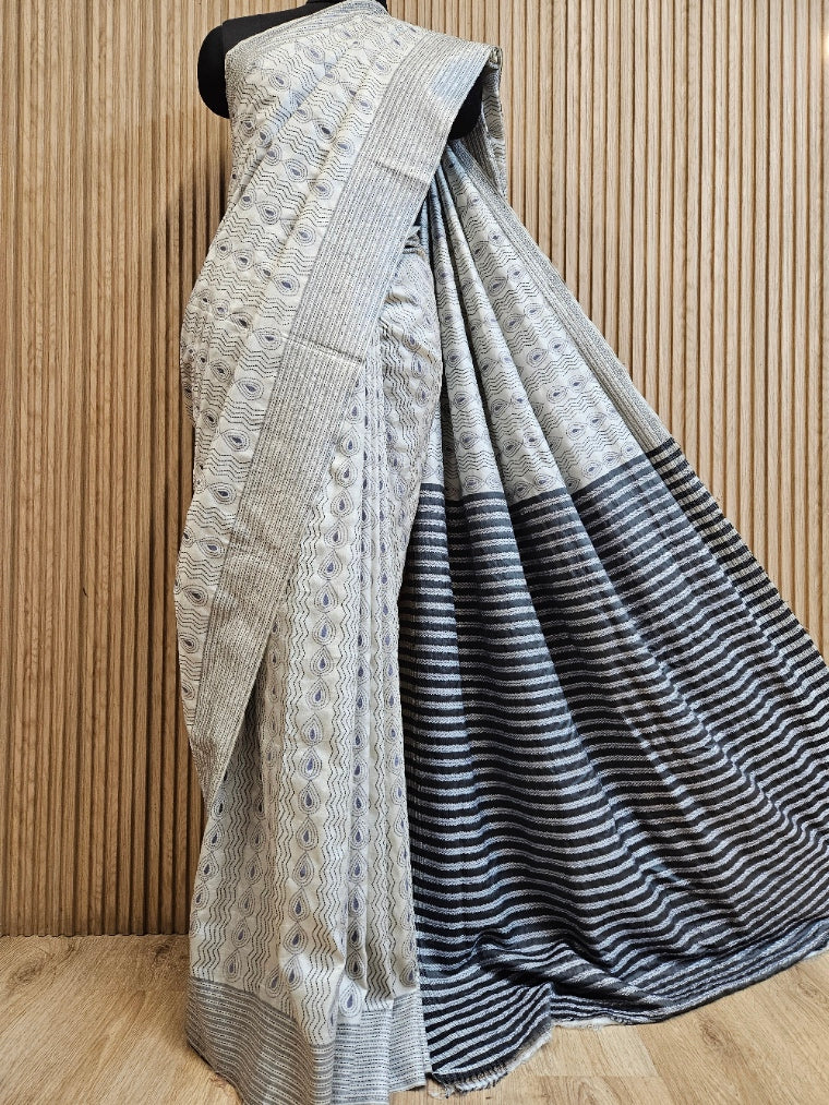 Pure Katan Magic: Black & Beige  Kantha Silk Saree by Balaram Saha Balaram Saha