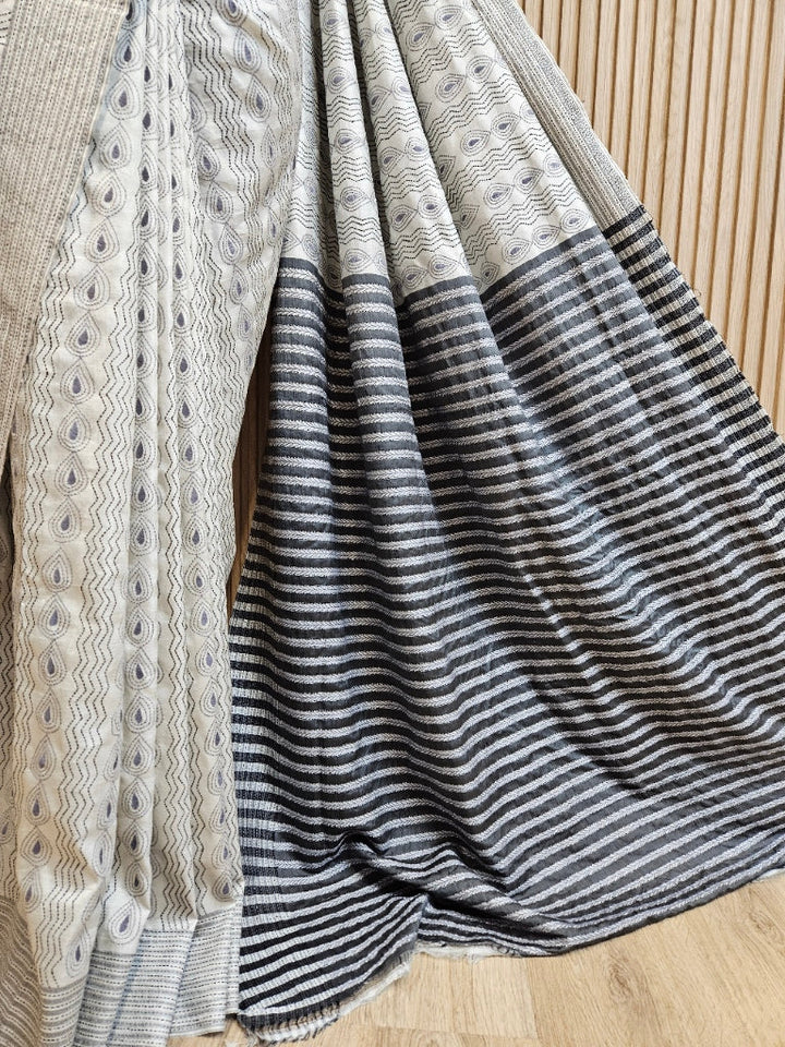 Pure Katan Magic: Black & Beige  Kantha Silk Saree by Balaram Saha Balaram Saha