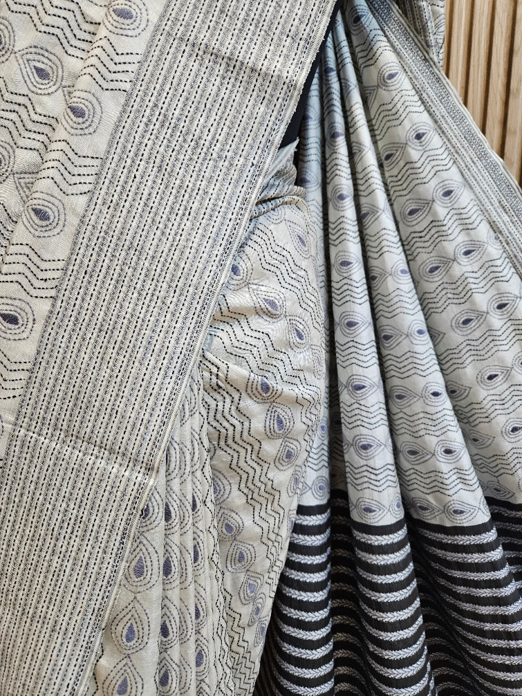 Pure Katan Magic: Black & Beige  Kantha Silk Saree by Balaram Saha Balaram Saha