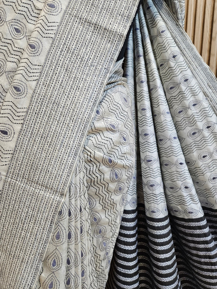 Pure Katan Magic: Black & Beige  Kantha Silk Saree by Balaram Saha Balaram Saha