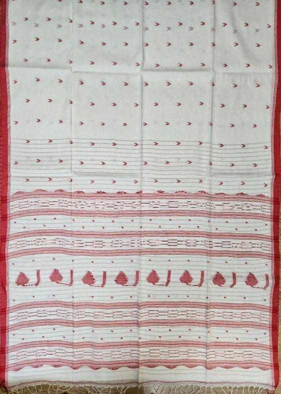 Off White &  Red Handwoven Handspun Fine Cotton Jamdani Saree Balaram Saha