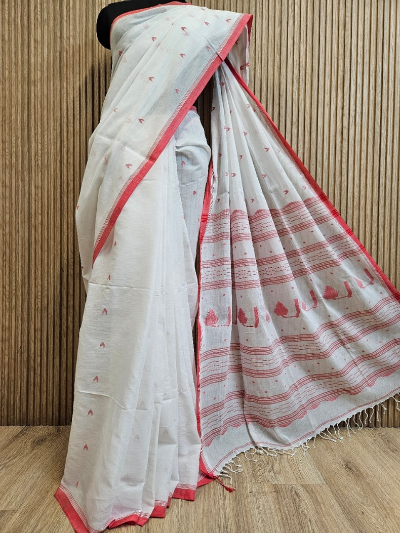 Off White &  Red Handwoven Handspun Fine Cotton Jamdani Saree Balaram Saha