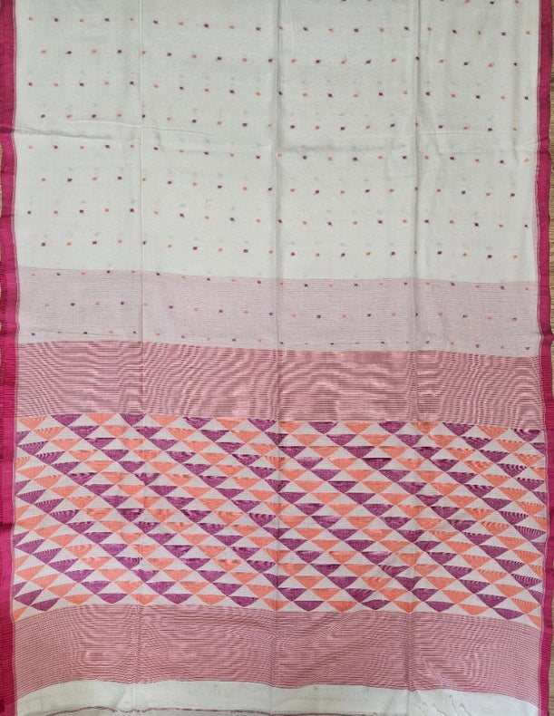 beautiful Off-White & Magenta Handspun Cotton Jamdani Saree Balaram Saha
