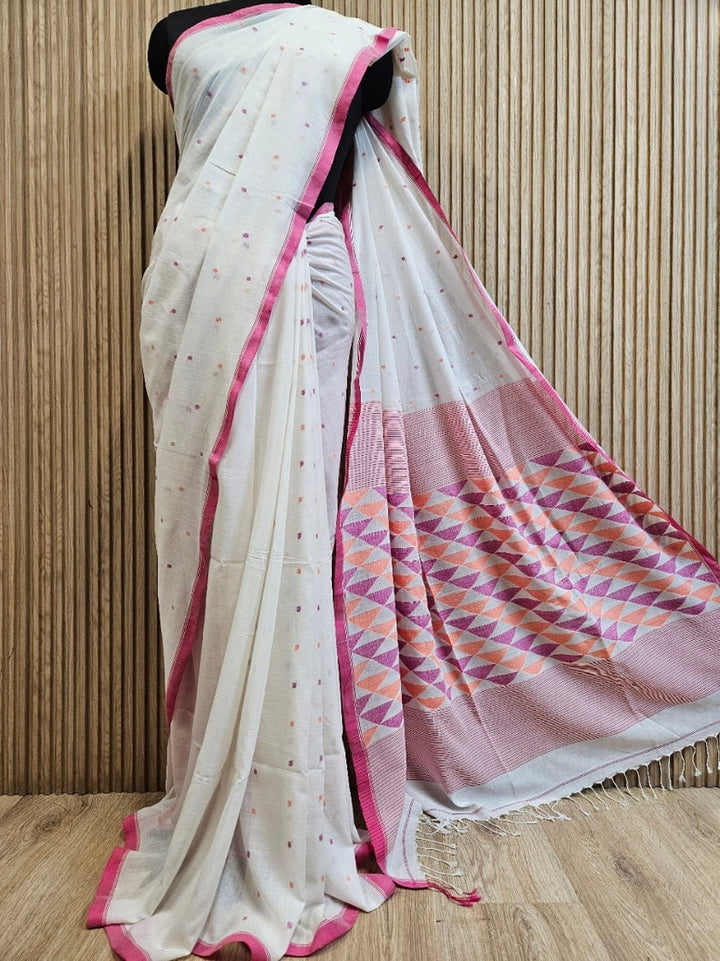 beautiful Off-White & Magenta Handspun Cotton Jamdani Saree Balaram Saha