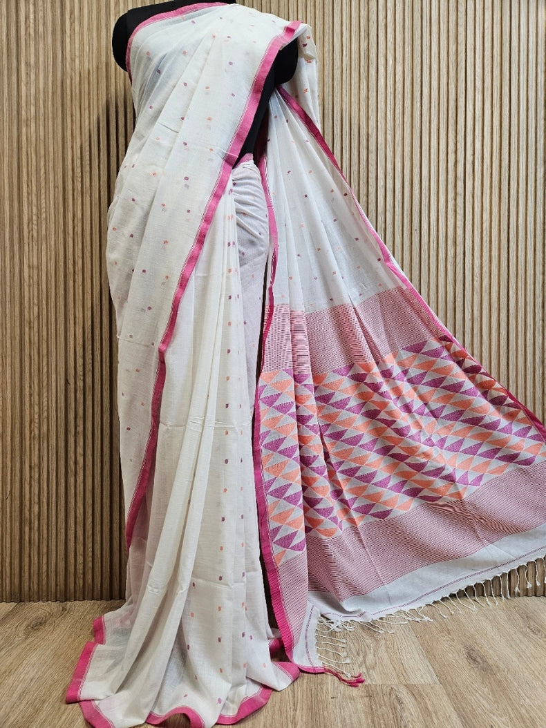 White & Pink Handspun, Handwoven Soft Cotton Jamdani Saree Balaram Saha