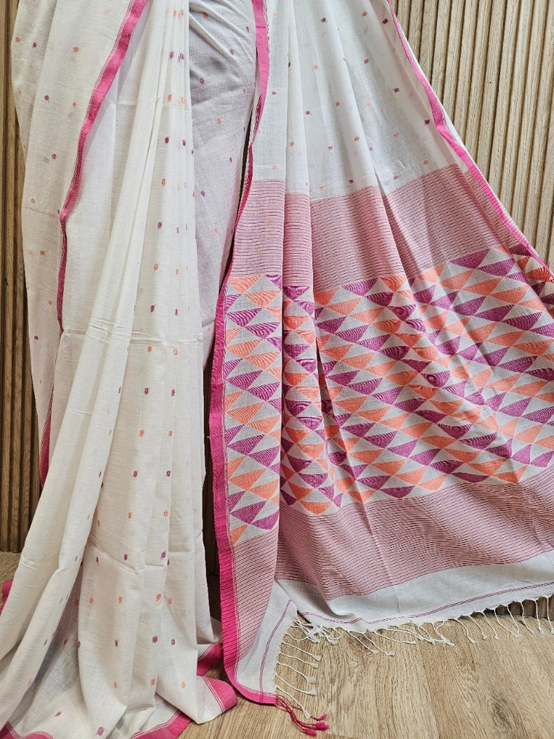 beautiful Off-White & Magenta Handspun Cotton Jamdani Saree Balaram Saha