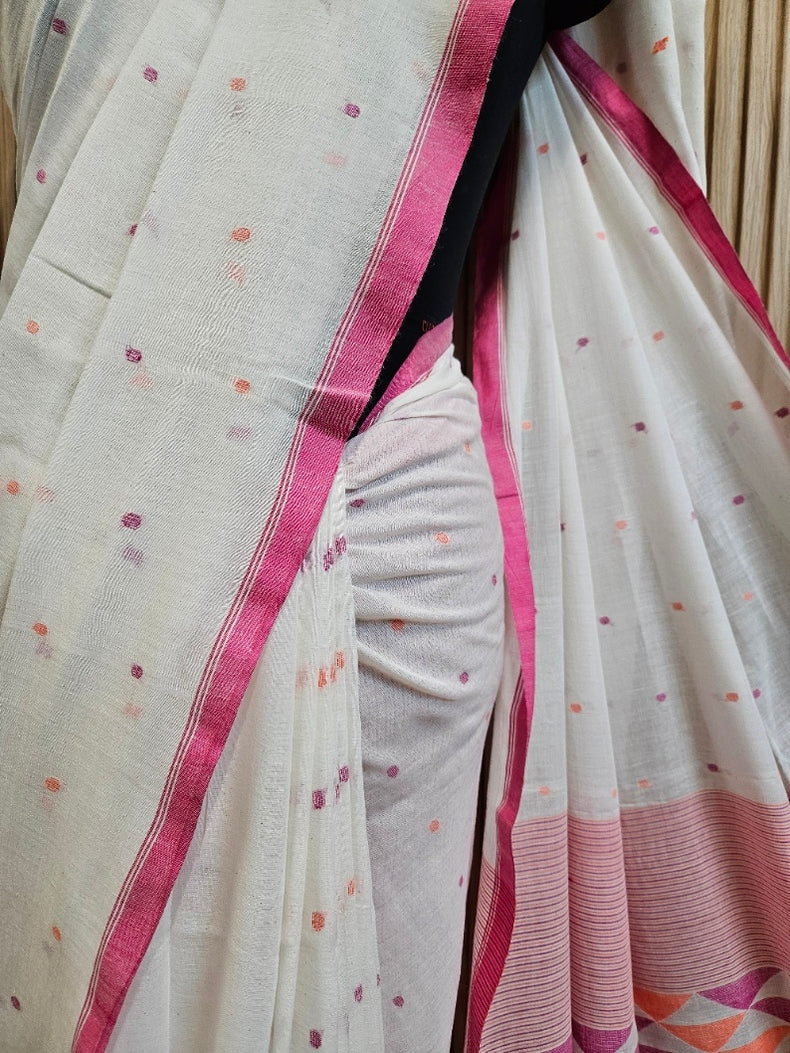 beautiful Off-White & Magenta Handspun Cotton Jamdani Saree Balaram Saha