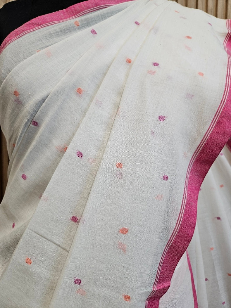 beautiful Off-White & Magenta Handspun Cotton Jamdani Saree Balaram Saha