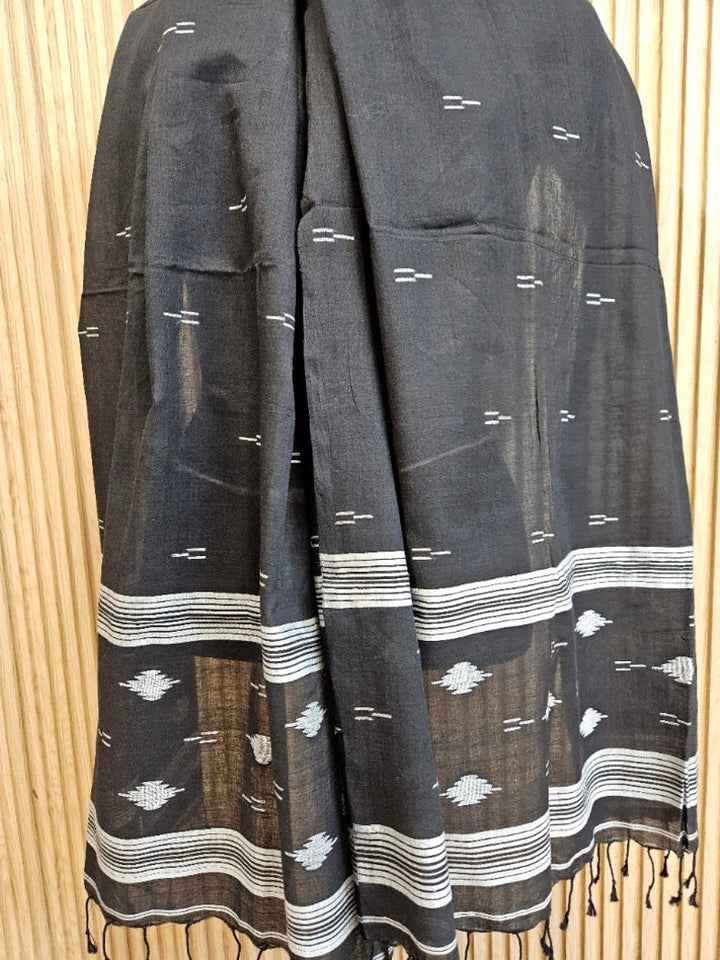Black & White Handloom Handspun Cotton Jamdani Stole Balaram Saha