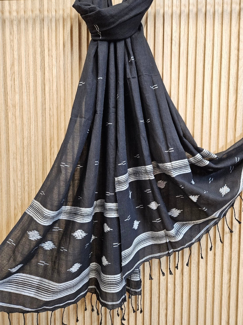 Black & White Handloom Handspun Cotton Jamdani Stole Balaram Saha