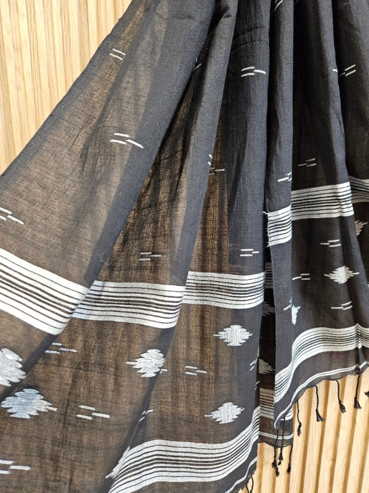 Black & White Handloom Handspun Cotton Jamdani Stole Balaram Saha