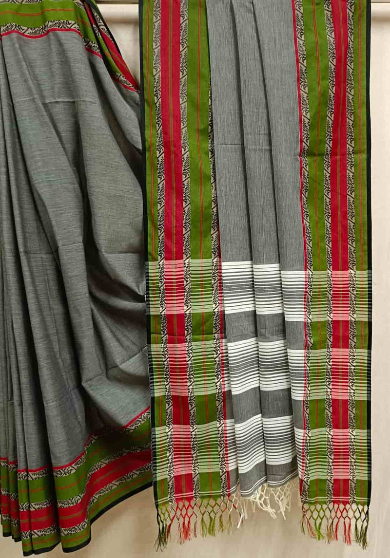 Grey Fine Handloom Cotton Saree With Green & Red Contrast Woven Border and White Stripes Aanchal, Blouse piece included