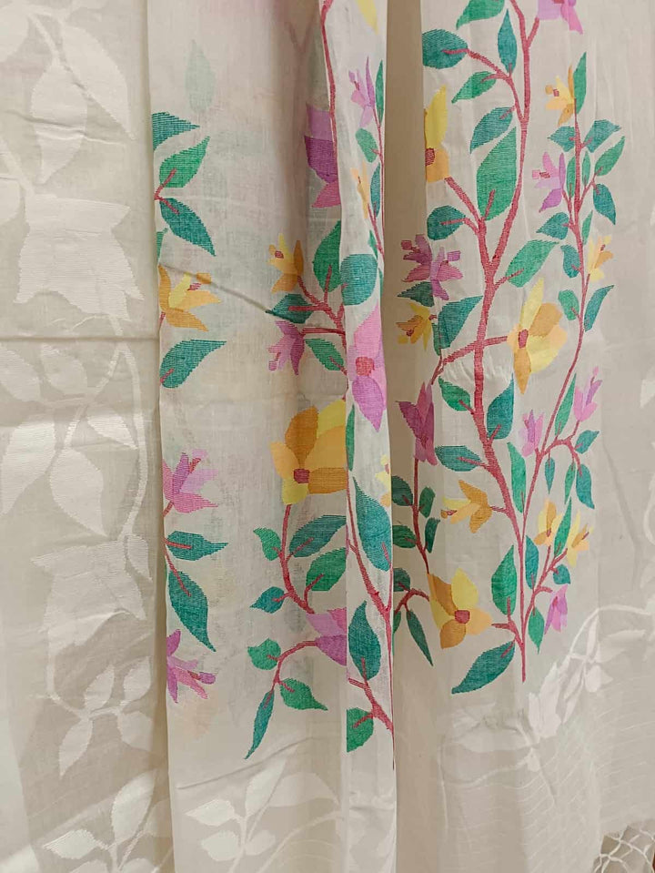 Off-White Fine Cotton Handloom Handwoven Dhakai Jamdani Saree With all Over White Colour Floral Woven on Body and Multicolour Floral Woven on Aanchal Blouse piece Included,