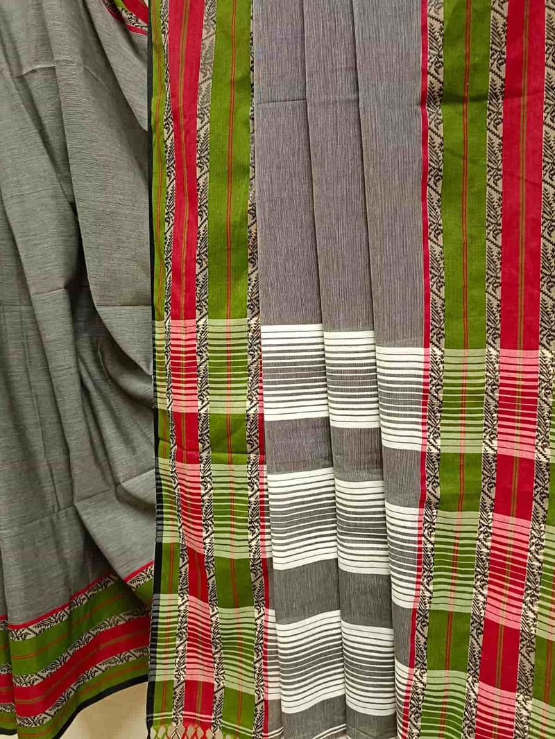 Grey Fine Handloom Cotton Saree With Green & Red Contrast Woven Border and White Stripes Aanchal, Blouse piece included