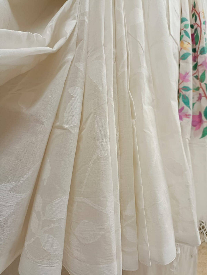 Off-White Fine Cotton Handloom Handwoven Dhakai Jamdani Saree With all Over White Colour Floral Woven on Body and Multicolour Floral Woven on Aanchal Blouse piece Included,