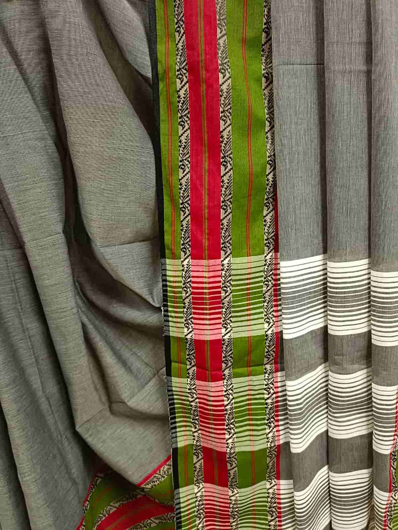 Grey Fine Handloom Cotton Saree With Green & Red Contrast Woven Border and White Stripes Aanchal, Blouse piece included