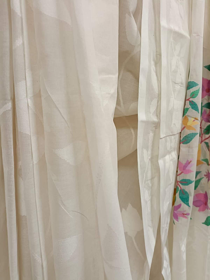 Off-White Fine Cotton Handloom Handwoven Dhakai Jamdani Saree With all Over White Colour Floral Woven on Body and Multicolour Floral Woven on Aanchal Blouse piece Included,
