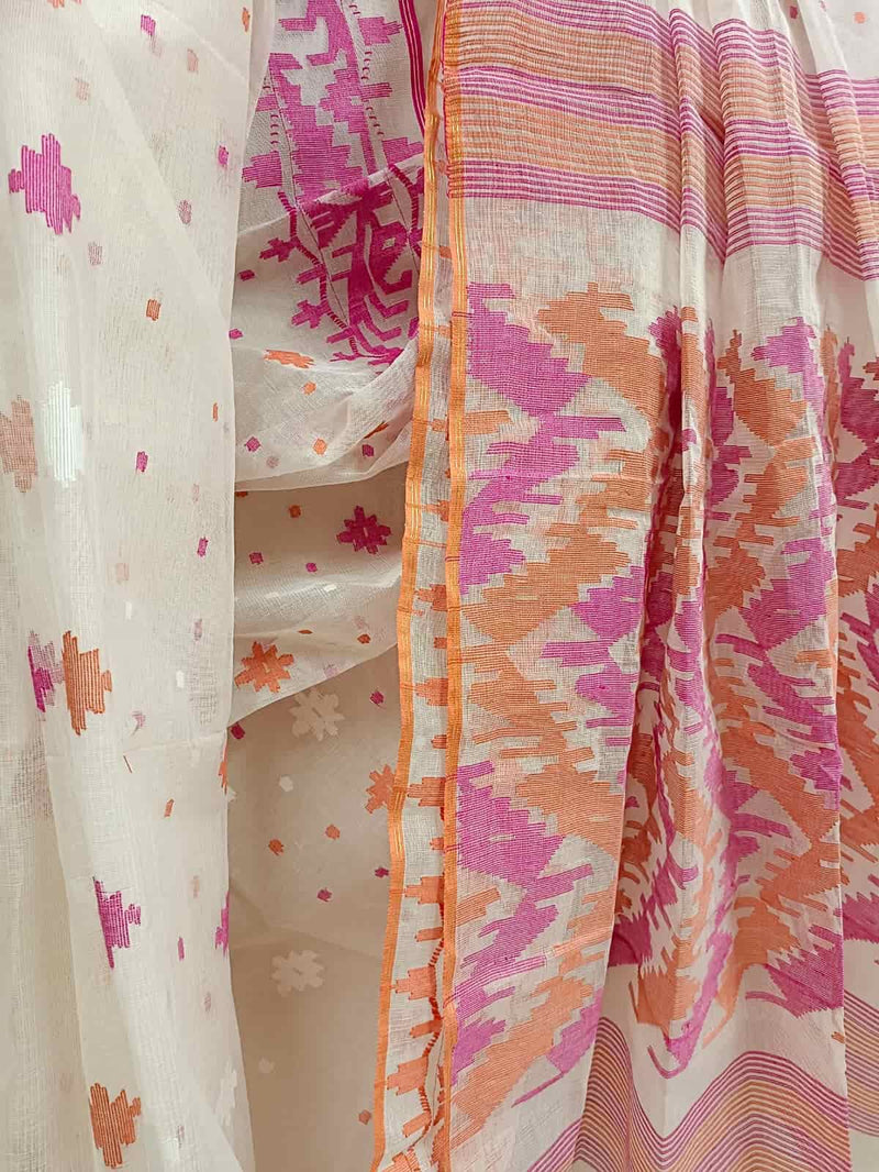 Off-white,  Bangladeshi handwoven cotton jamdani saree with all-over Orange & pink woven booties on body and orange & pink Ganga Jamuna Traditional Jamdani woven border and Aanchal.