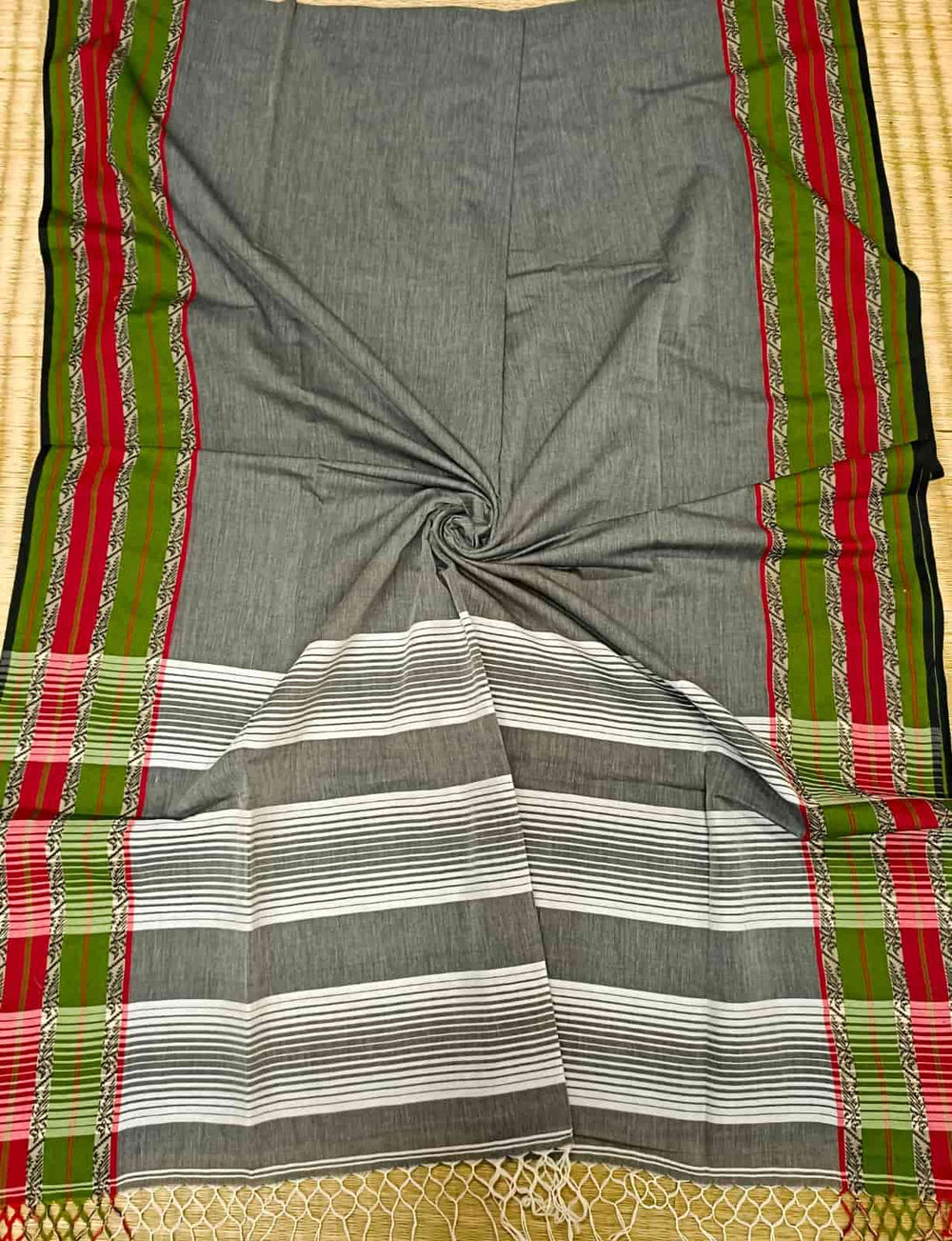 Grey Fine Handloom Cotton Saree With Green & Red Contrast Woven Border and White Stripes Aanchal, Blouse piece included