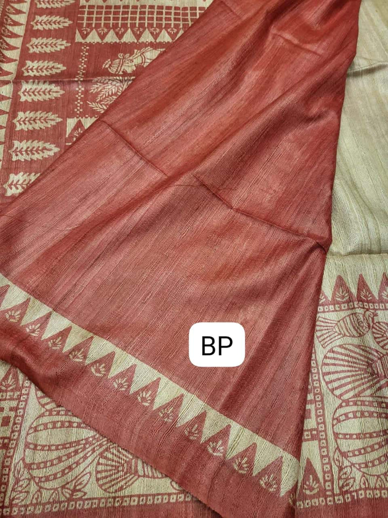 Pure Tussar/Ghicha Silk saree in the natural shade with Red hand block print Balaram Saha