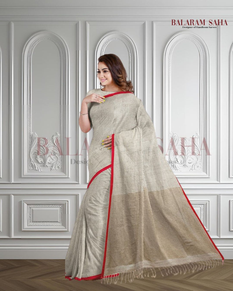 Embrace Tradition: White & Red Handloom Cotton Saree from Balaram Saha Balaram Saha