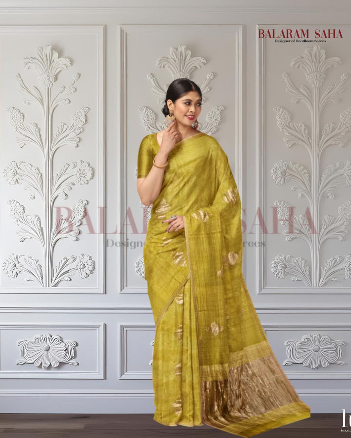 Mustard Green and Golden Zari Soft Handwoven Muslin Silk saree Balaram Saha