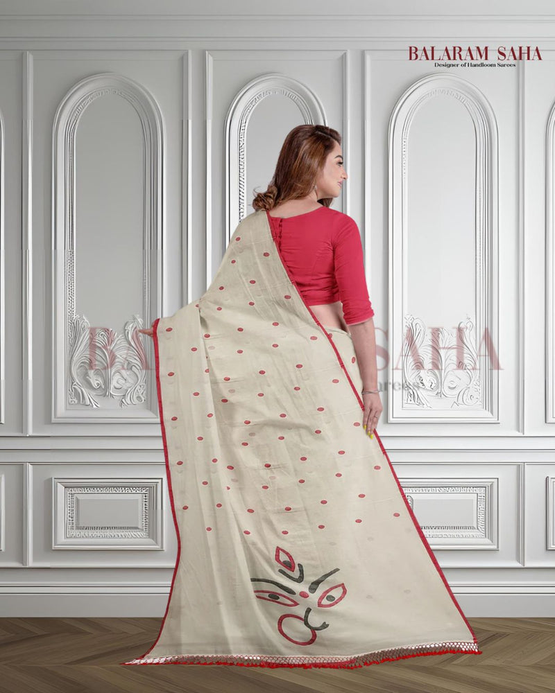 White & Red Soft Cotton Woven Jamdani saree Balaram Saha