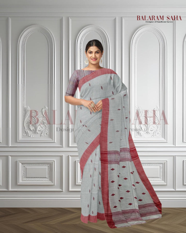 Beige & Red Handloom Soft Cotton Saree Balaram Saha