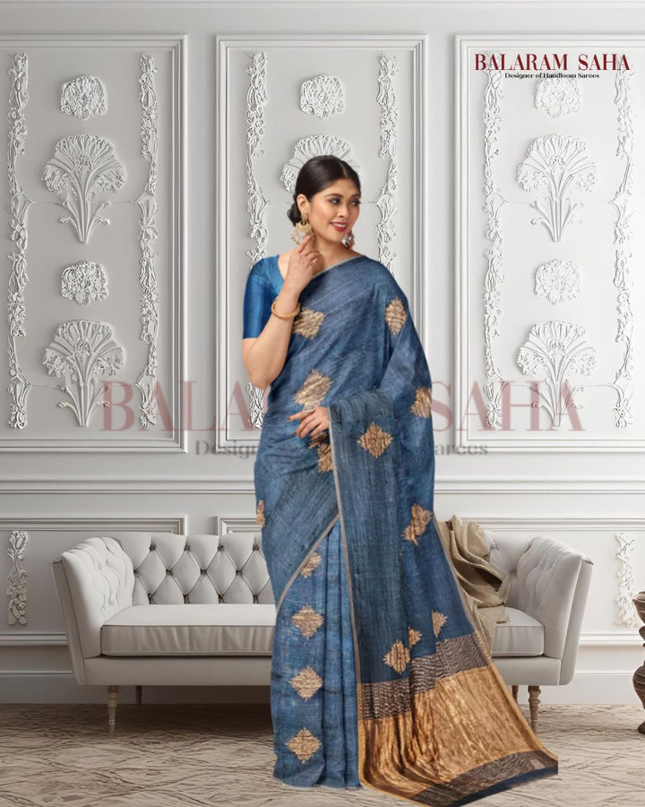 Peacock Blue and Golden Zari Soft Handwoven Muslin Silk Saree Balaram Saha