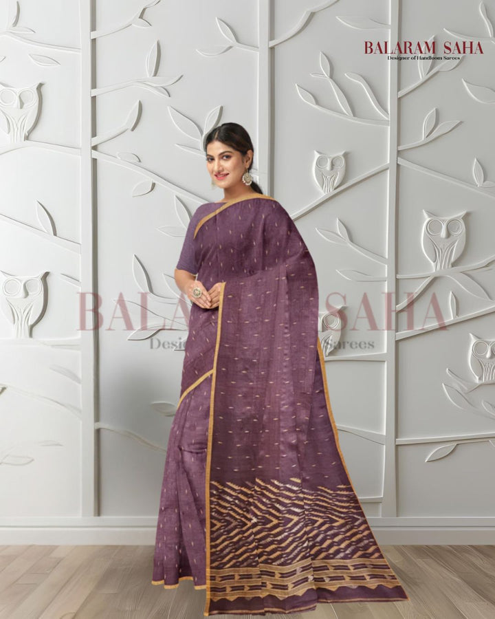Plum & Mustard Soft Handloom Handwoven Tussar Silk Jamdani Saree Balaram Saha