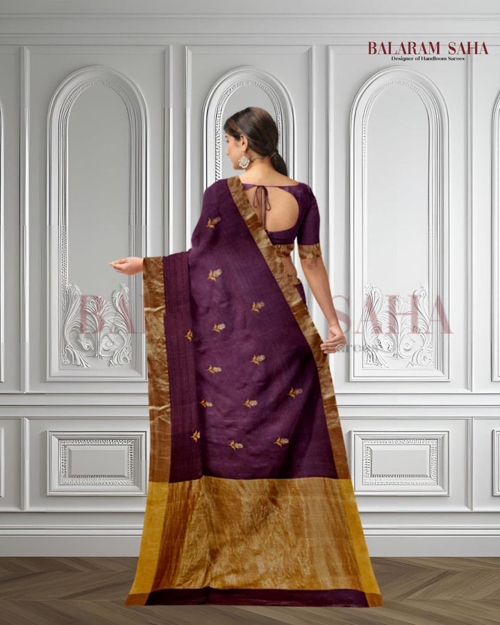 Plum & Golden Zari Handloom Soft Khadi Tussar Silk Saree Balaram Saha