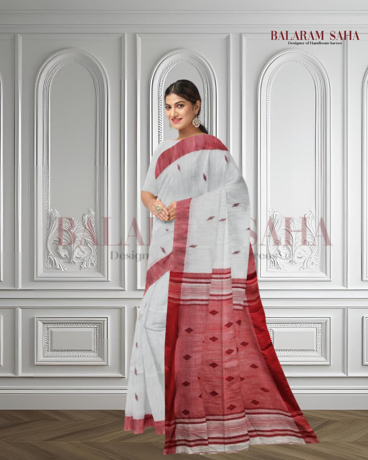 White & Red Handloom Soft Cotton Saree Balaram Saha